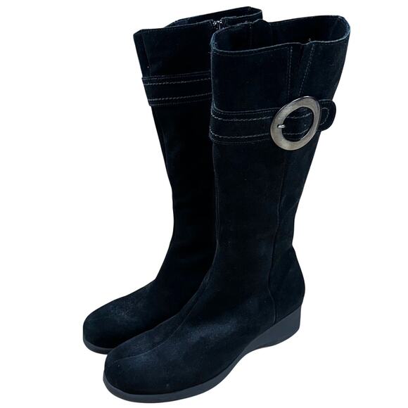 La Canadienne Black Knee High Suede Buckle Accent Side Zip Wedge Boot Sz 8M EUC - Picture 4 of 8